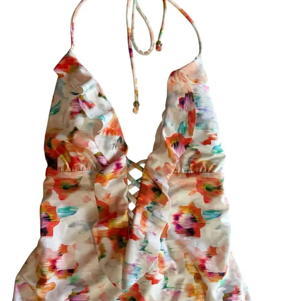 Shoshanna Deep V Halter One Piece Lace Up Swimsuit Bathing Suit Size 6 $230